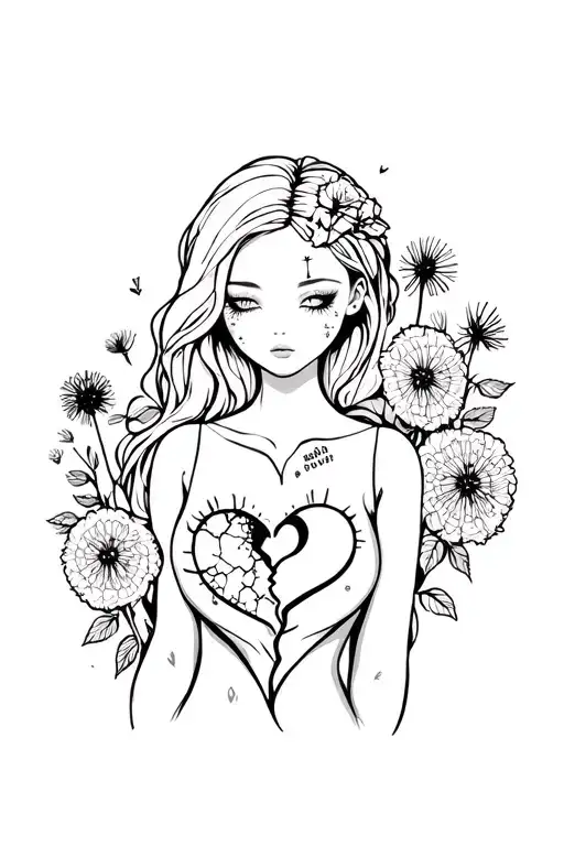 Chicid Female Doll with stiches and broken stiched heart, roses or dandelion wishes, healing, helping others tattoo design idea