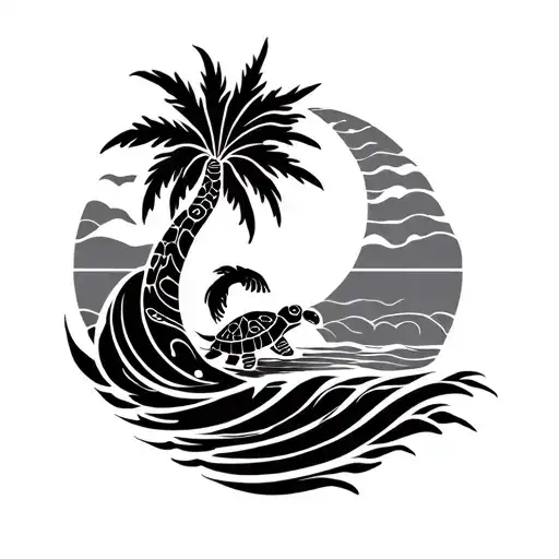 Maori sun and integrate a palm into the sun a wave and a turtle tattoo design idea