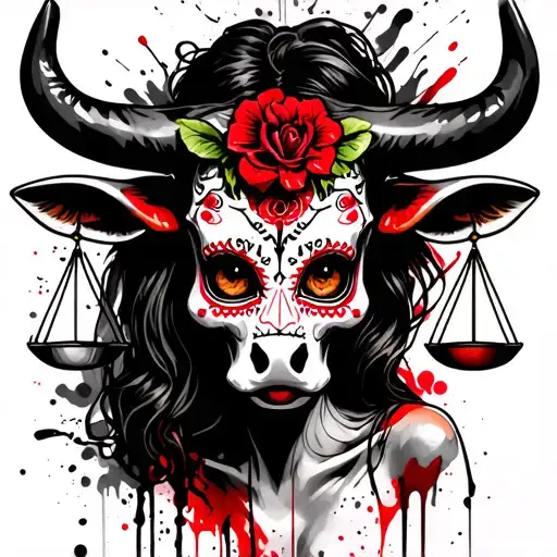 woman body bull with sugar skull markings, brown eyes and two Libra scales with extra dark background tattoo design idea