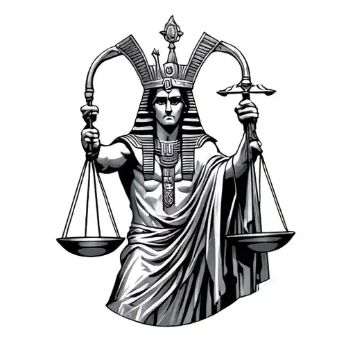 God Osiris with the scales of justice in the background tattoo design idea