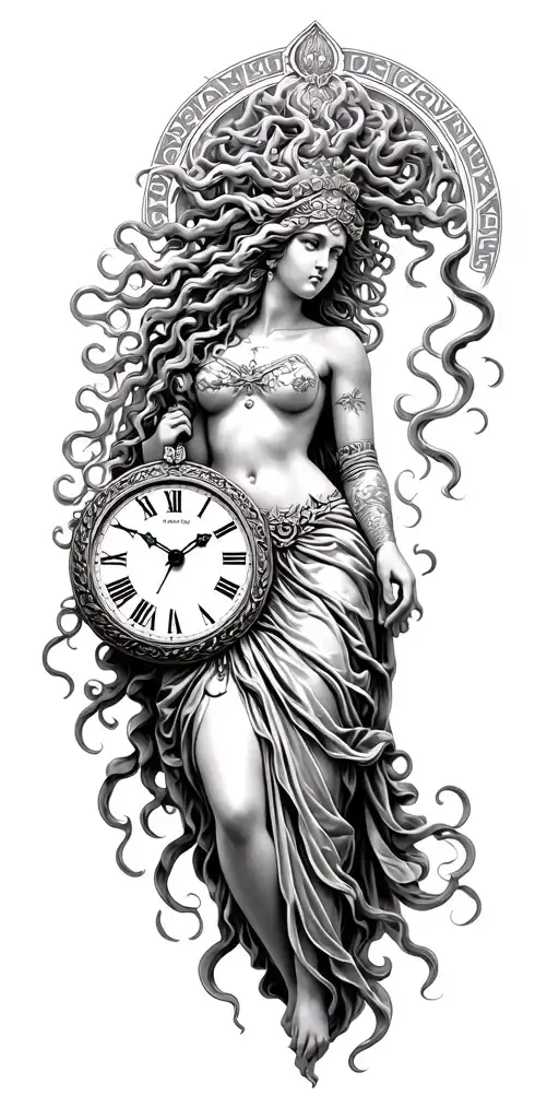 goddess medusa and athena greek goddess, with clock  tattoo design idea