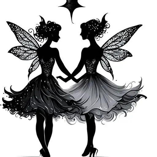 A magical, simple and small tattoo, in black and white, of silhouettes of two dancing fairies tattoo design idea