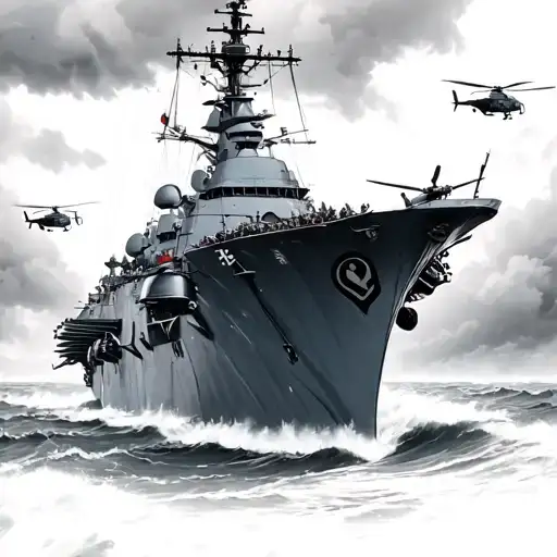 stormy scene featuring a royal navy aircraft carriers ship, Neptune, a royal marines bugler , two helicopters in the sk, tattoo design idea