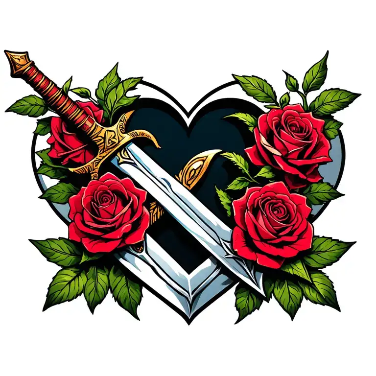 roses intertwined with norse sword stabbing a heart shape  tattoo design idea