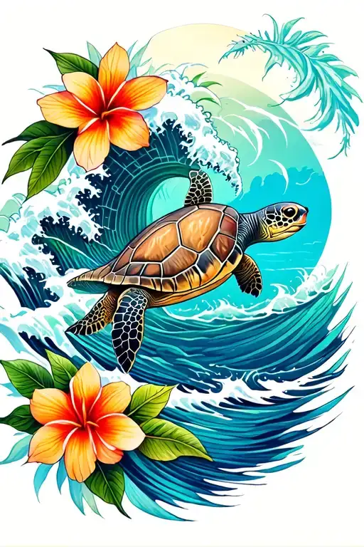 hawaiian tribal with ocean waves, flowers and sea turtles tattoo design idea