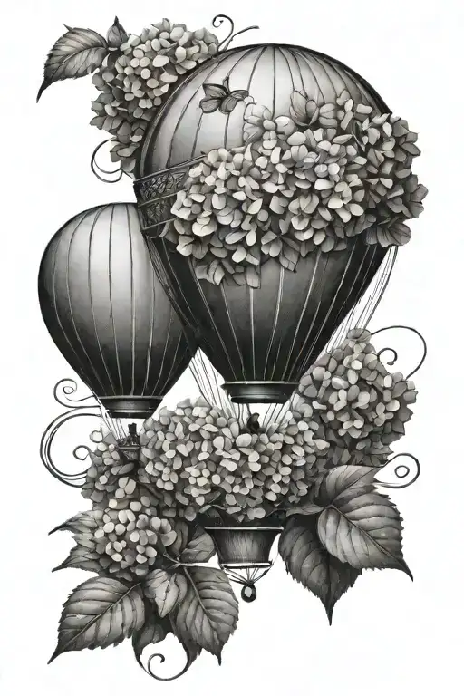 hot air balloon but the balloon is made of hydrangeas tattoo design idea