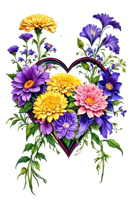chrysanthemums asters gladiolus violets and heart intertwined tattoo design idea