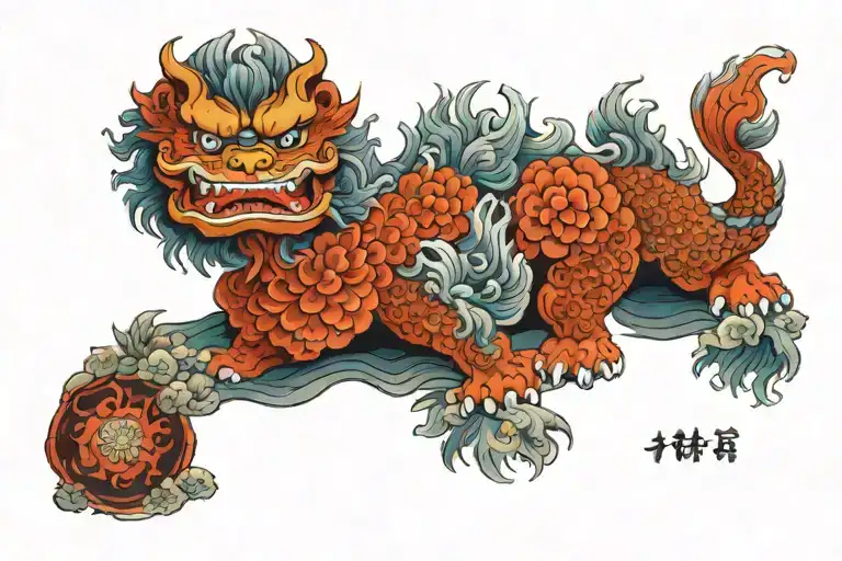 foo Dog in a japanese garden scene tattoo design idea