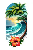 waves on a beach with a banyan tree and hibiscus flower tattoo design idea