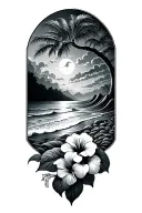 waves on a beach with a banyan tree and hibiscus flower tattoo design idea