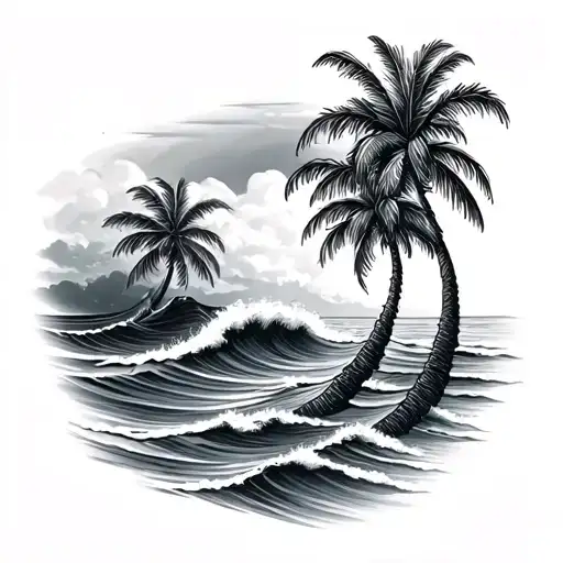 palm trees and waves tattoo design idea