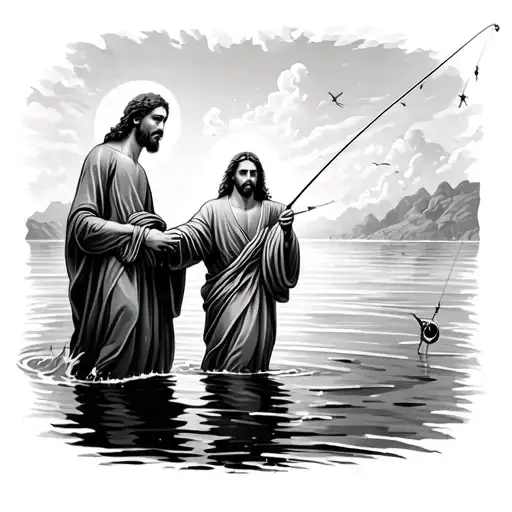 Jesus walking in water with the apostle Peter fishing tattoo design idea