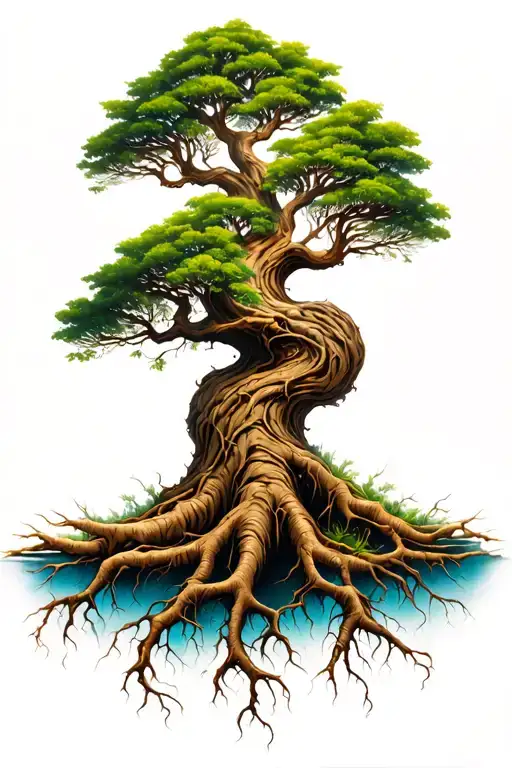tree with winding roots tattoo design idea
