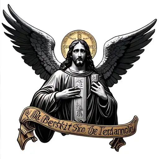 archangel and St Benedict medal intertwined tattoo design idea