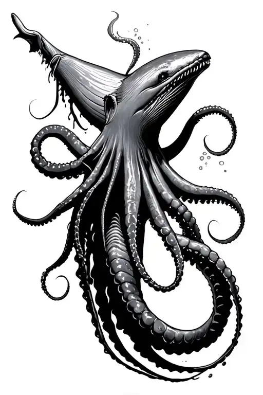 giant squid trying to grab whale underwater tattoo design idea