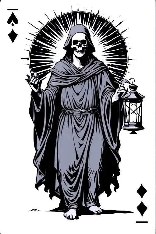 The hermit tarot card walking in darkness holding lantern with rays eminating from lantern. The hermith as a skull face tattoo design idea