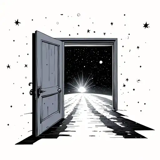 A fine-line tattoo of an open door floating in space, with darkness behind it and a narrow path of light leading forward tattoo design idea