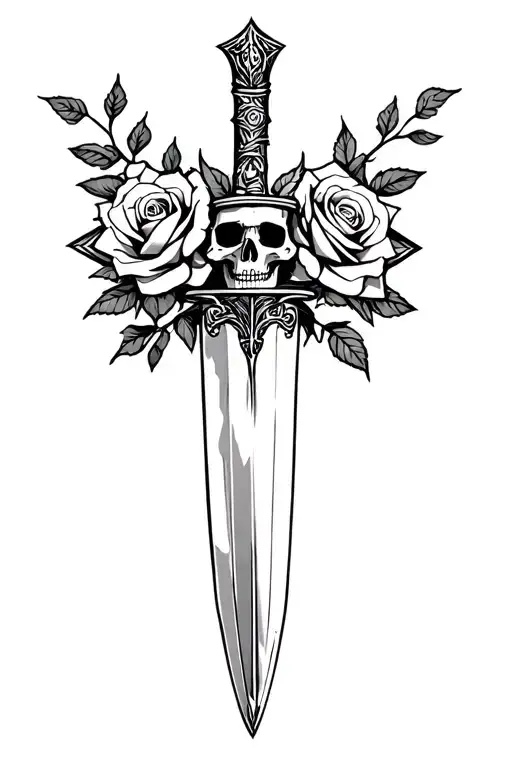dagger with roses and a skull surrounded tattoo design idea