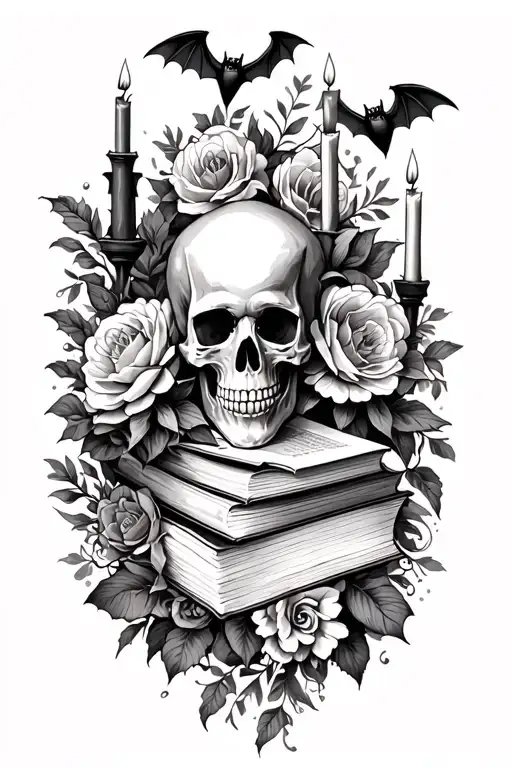 full gothic sleeve with flowers, skulls, bats, books, candles with a good flow tattoo design idea