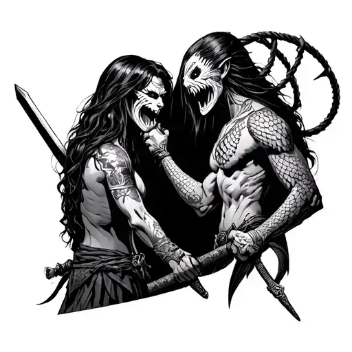 Femis with a bandage in his eyes and a sword and Nemesis with a whip and scales in their hands look fiercely at each other tattoo design idea