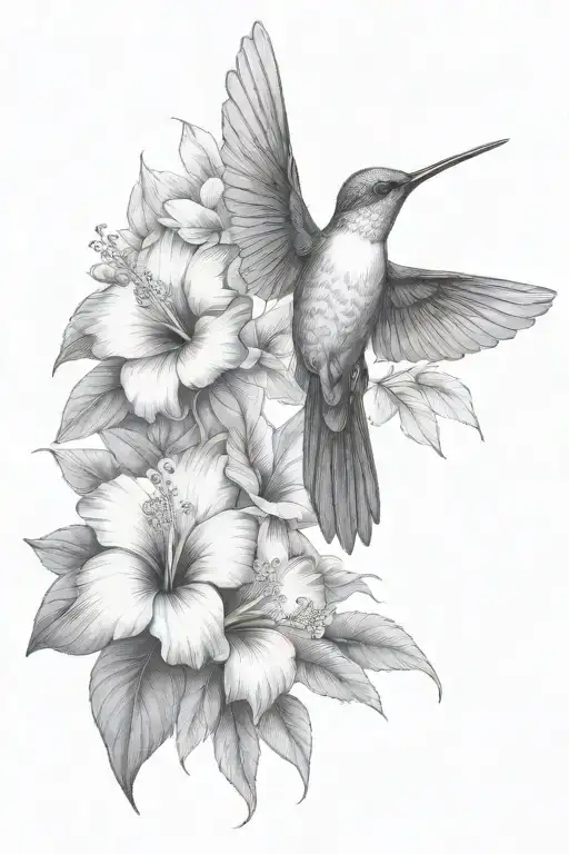 hummingbird with hibiscus and leaves tattoo design idea
