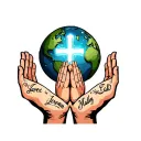 the world inside  Jesus praying hands  with cross holding names written Izec , Javen, Jeremiah , Eli, Kalaya, Malik  tattoo design idea