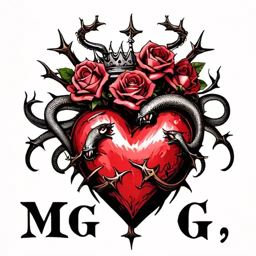 "M G" Gothic-style heart entangled with thorns, topped with a crown, four roses, and two angry snakes with Gothic-style letter tattoo design idea
