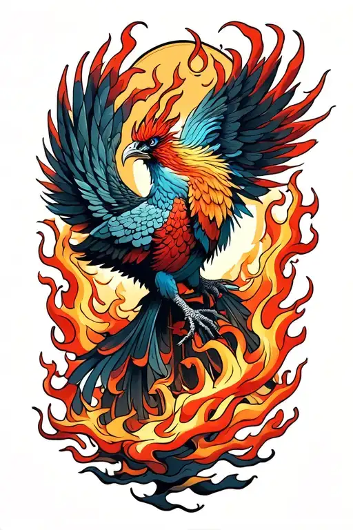 A japanese style tattoo of a phoenix rising from the ashes with flames tattoo design idea