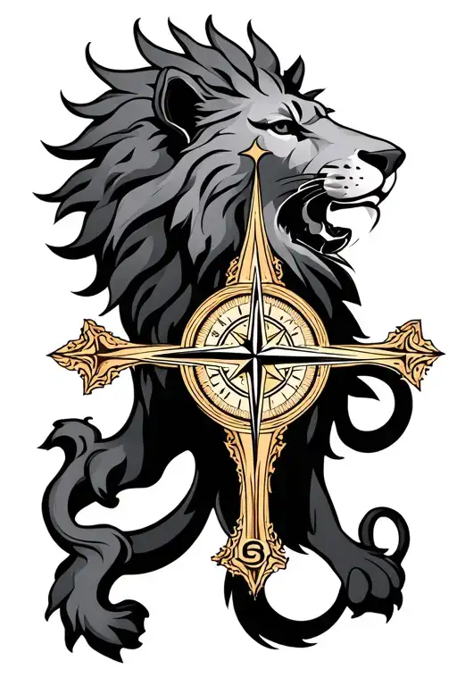 lion cross compass tattoo design idea