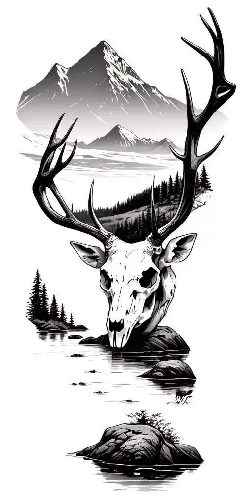 deer skull on the bank of a river that flows into mountains tattoo design idea