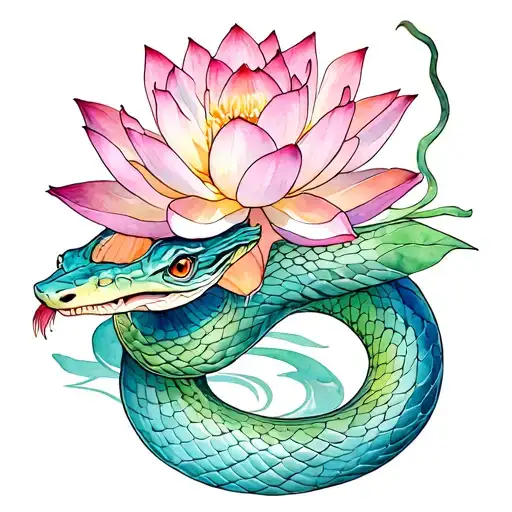 snake protecting lotus flower feminine  tattoo design idea