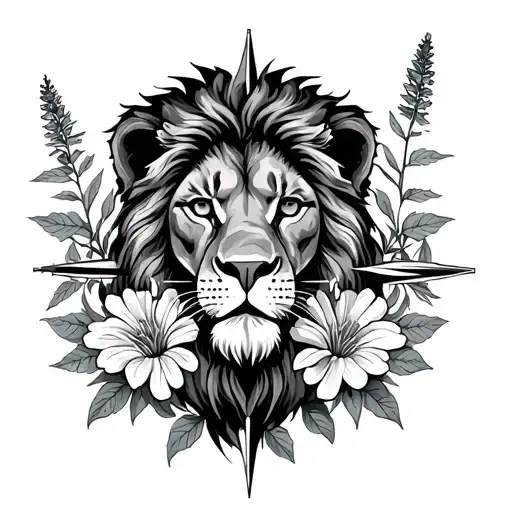 lion head , compass, hyssop flower tattoo design idea