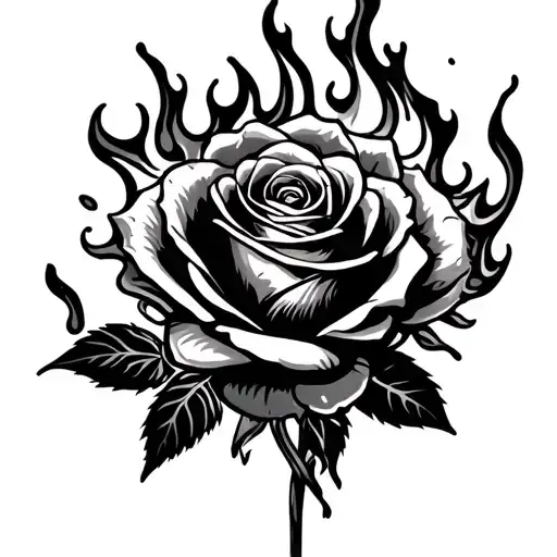 black rose in fire flames coming tattoo design idea
