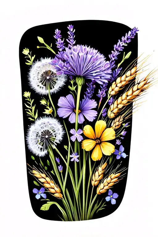 Bouquet of wildflowers on the forearm. Dandelion, clover, lavender, wheat, forget -me -not. tattoo design idea
