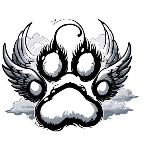 Dog paw print with all seeing eye, clouds, angel wings tattoo design idea
