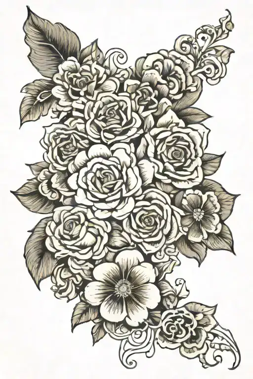 The flower with each pedal has names Dad, Mom, Nemo, Josh, and Alexis, and the middle of the flower has God written tattoo design idea