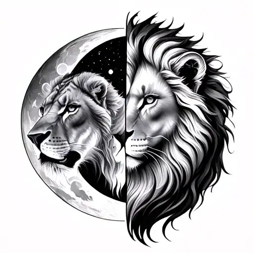 couple tattoo design moon phases down the middle one half a lion head and the other half a lioness tattoo design idea