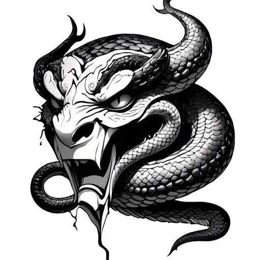 broken Oni mask with snake tattoo design idea