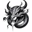 broken Oni mask with snake tattoo design idea