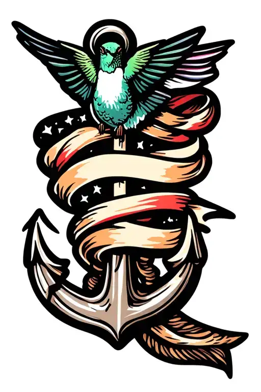 Anchor with hummingbird holding a banner wrapping tattoo design idea