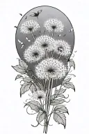 white dandelion with leaves blowing off and turning into tiny birds tattoo design idea