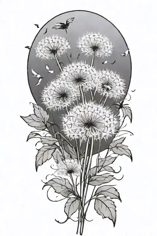 white dandelion with leaves blowing off and turning into tiny birds tattoo design idea
