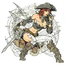 Sexy pirate girl, Gigantic Boobs, cleavage, torn clothing, skin tight pants, boots, wide hips, petite, big booty. tattoo design idea