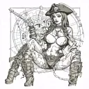 Sexy pirate girl, Gigantic Boobs, cleavage, torn clothing, skin tight pants, boots, wide hips, petite, big booty. tattoo design idea