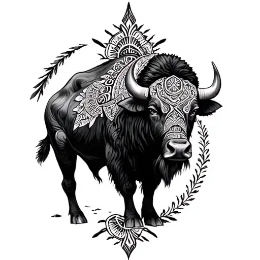 A tattoo of buffalo bull, african spear and royal zulu Knobkerrie inside the african continent with intricate mandala  p tattoo design idea