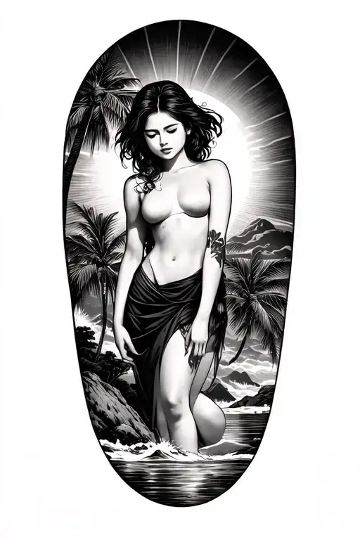 An upper arm sleeve tattoo that features palm trees, a topless woman, and the Japanese rising sun rays and include a hig tattoo design idea