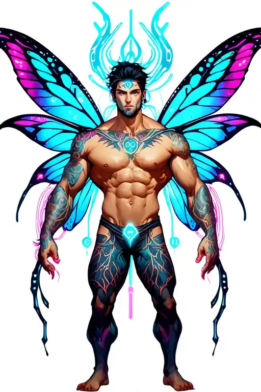 sexy adult gay male faery cartoon bodybuilder, playful, magical, nudism, erotica tattoo design idea