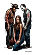 full body of freddy krueger, full body of jason vorhees, full body of michael myers each standing around a girl kneeling tattoo design idea