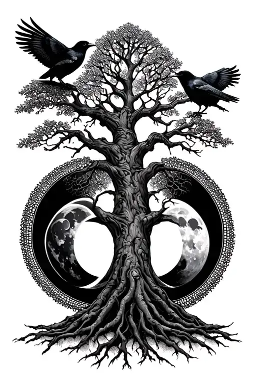 tree of life with two crows in the top of the tree and hecates moon phases in the trunk tattoo design idea