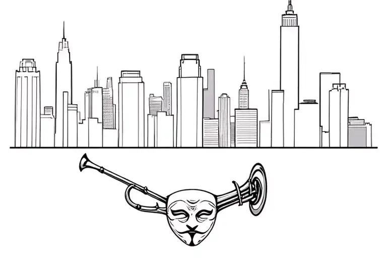 NYC Skyline, with the mask from the Phantom of the Opera and a Trombone tattoo design idea